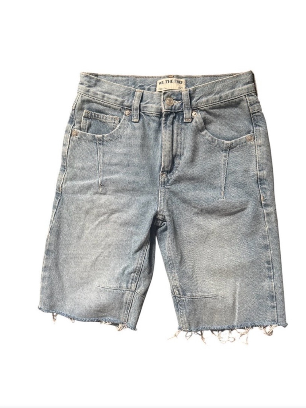 We The Free Blue Denim Shorts with Tan Leather Patch